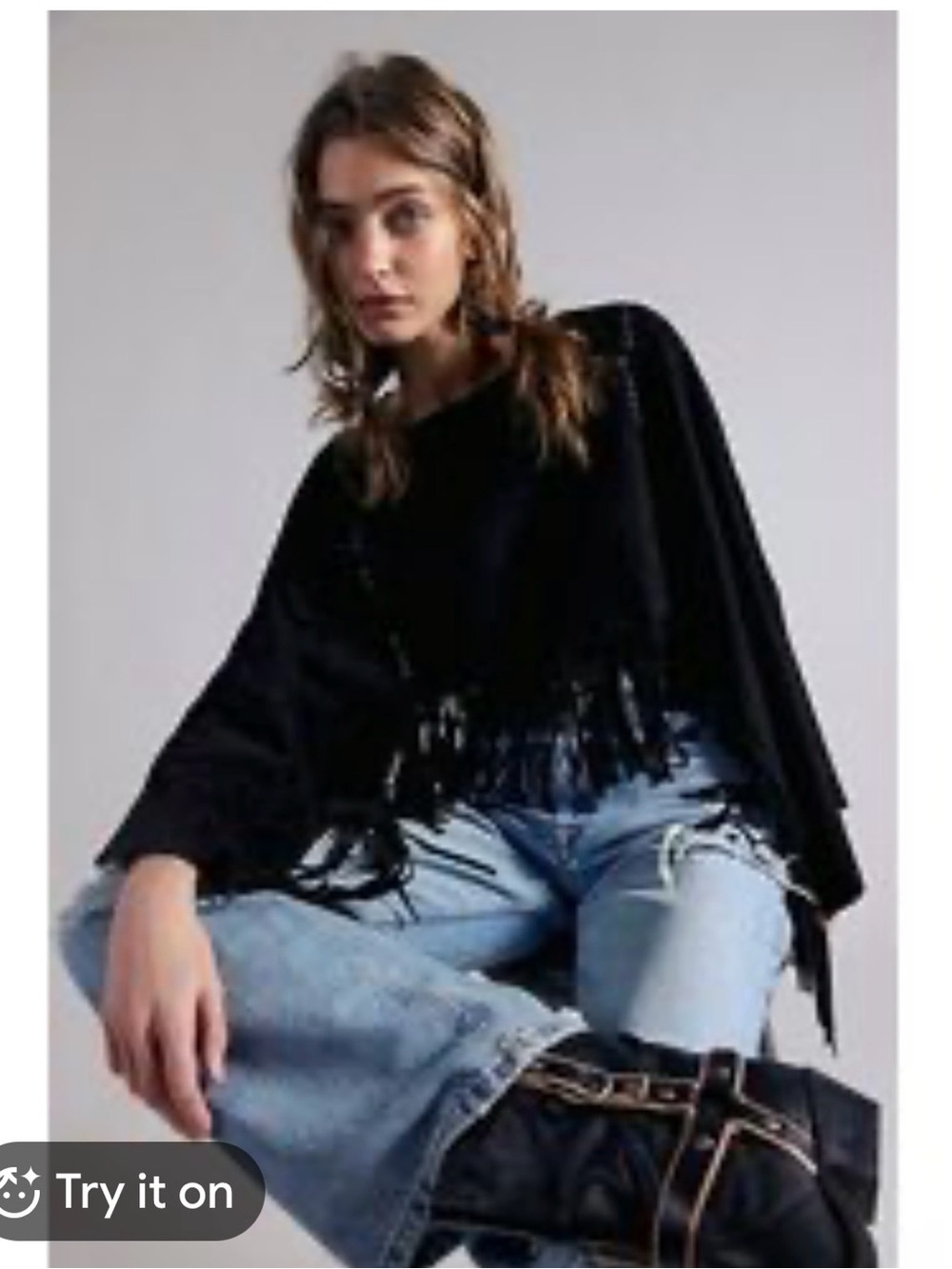 Free People in flight Goat suede Black Fringe Poncho Sweater